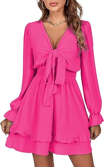 LYANER Women&#39;s Tie Front Plunge V Neck Ruffle Layer Long Sleeve Sexy Mini Dress