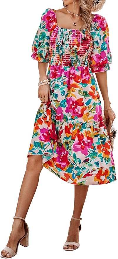 PRETTYGARDEN Women&#39;s Summer Casual Midi Dress Spring Puff Sleeve Square Neck A-line Flowy Boho Floral Smocked Dresses