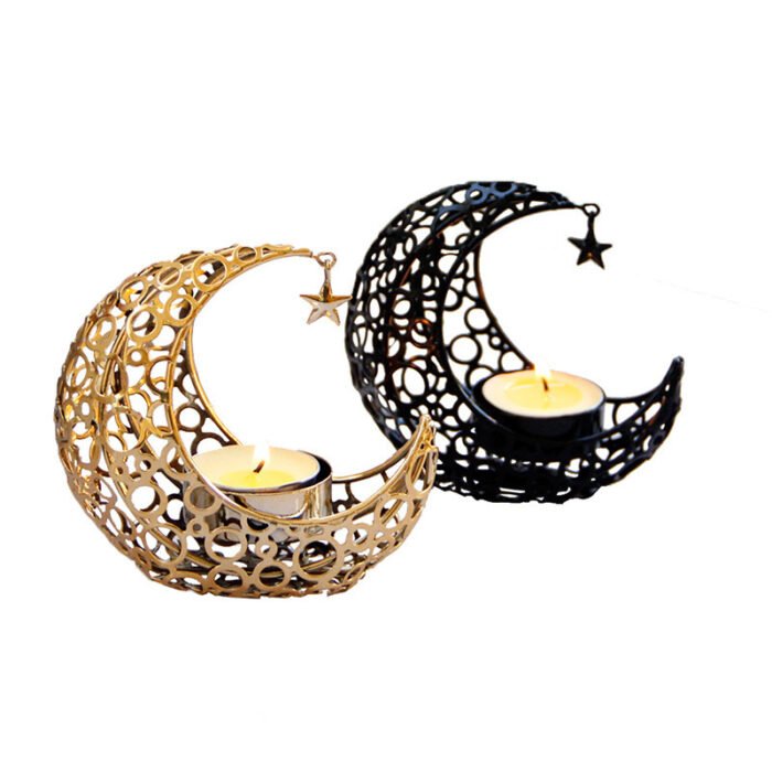 Light Luxury Crescent Moon Star Moon Black Gold Metal Candle Holder - Image 2