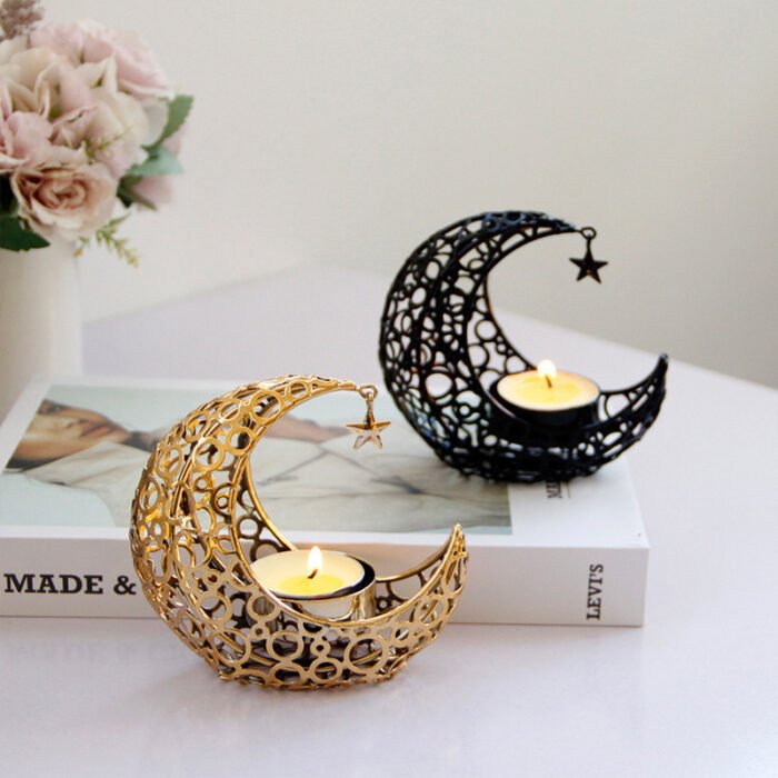 Light Luxury Crescent Moon Star Moon Black Gold Metal Candle Holder