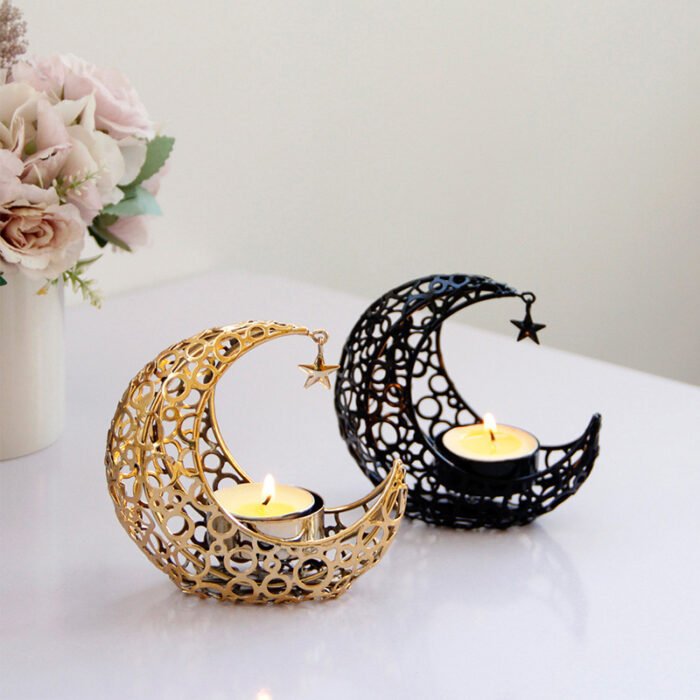 Light Luxury Crescent Moon Star Moon Black Gold Metal Candle Holder - Image 6