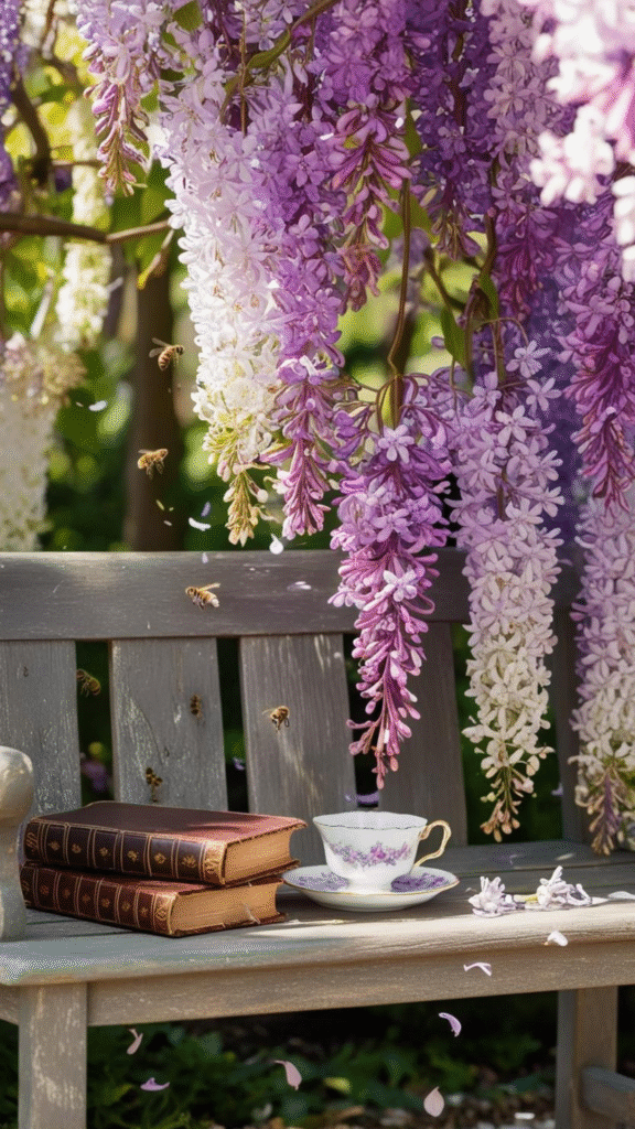 a cup of tea and books on a bench with flowers from the tree